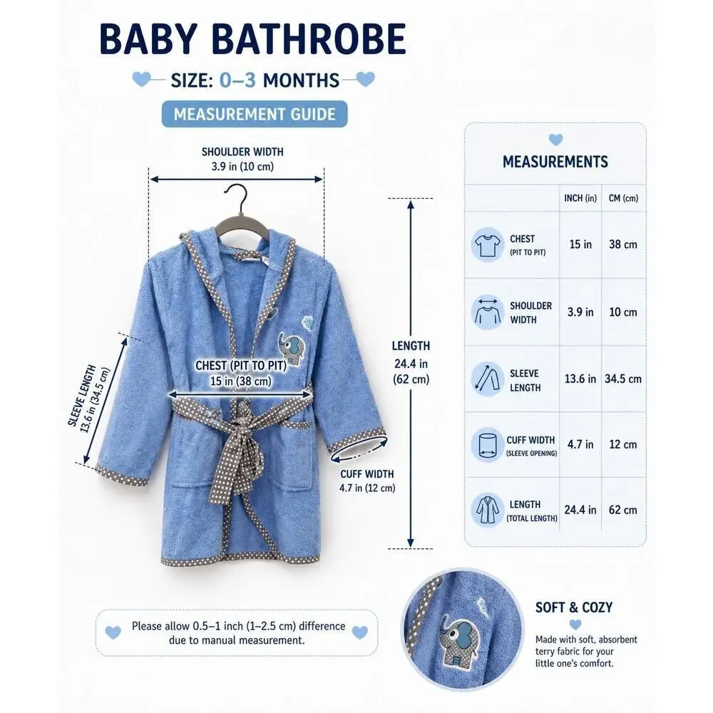 Baby Bathrobe 0-3 Months Blue Hooded Turkish Cotton Robe Elephant Embroidery